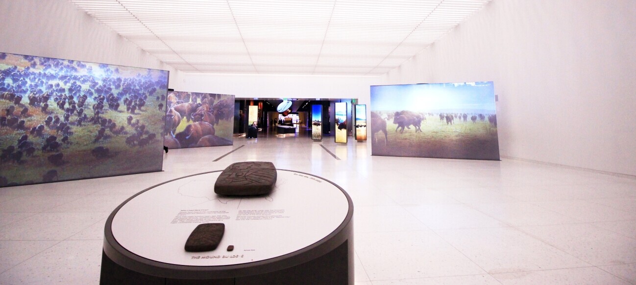 Heading West - Visitors entering the museum at the Gateway Arch are greeted by seven monumental video screens that show scenes of American Indian culture, overlanders on historic trails, amazing landscapes, and more.