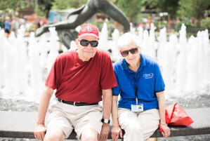 A couple relaxing at Kiener Plaza