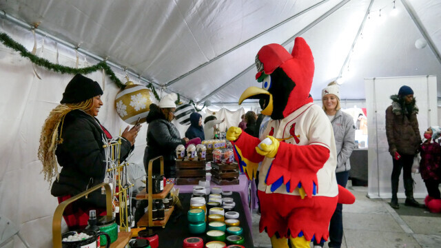 Fredbird looking at Market merch